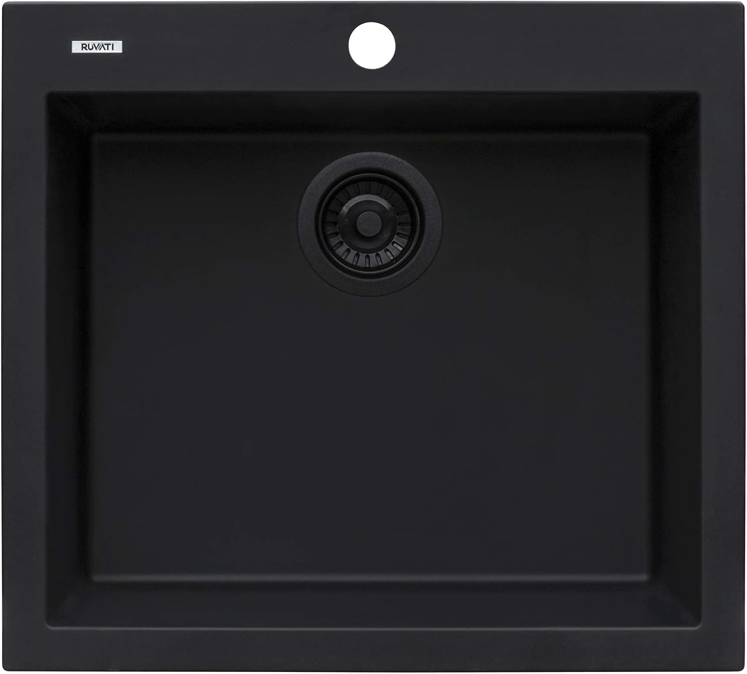 Ruvati 23 x 20 inch epiGranite Drop-in Topmount Granite Composite Quartz Single Bowl Wet Bar Prep Sink - Midnight Black - RVG1023BK