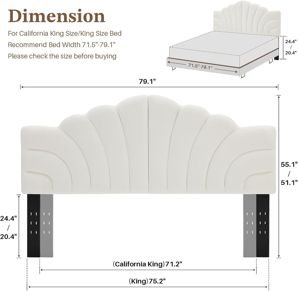 King Size Upholstered Headboard Only Adjustable Bed Headboards CA King Bed, Tiara Crown Shape Headboard with Wood Legs, Velvet Petal Head Board Wall Protector for Bedroom, White