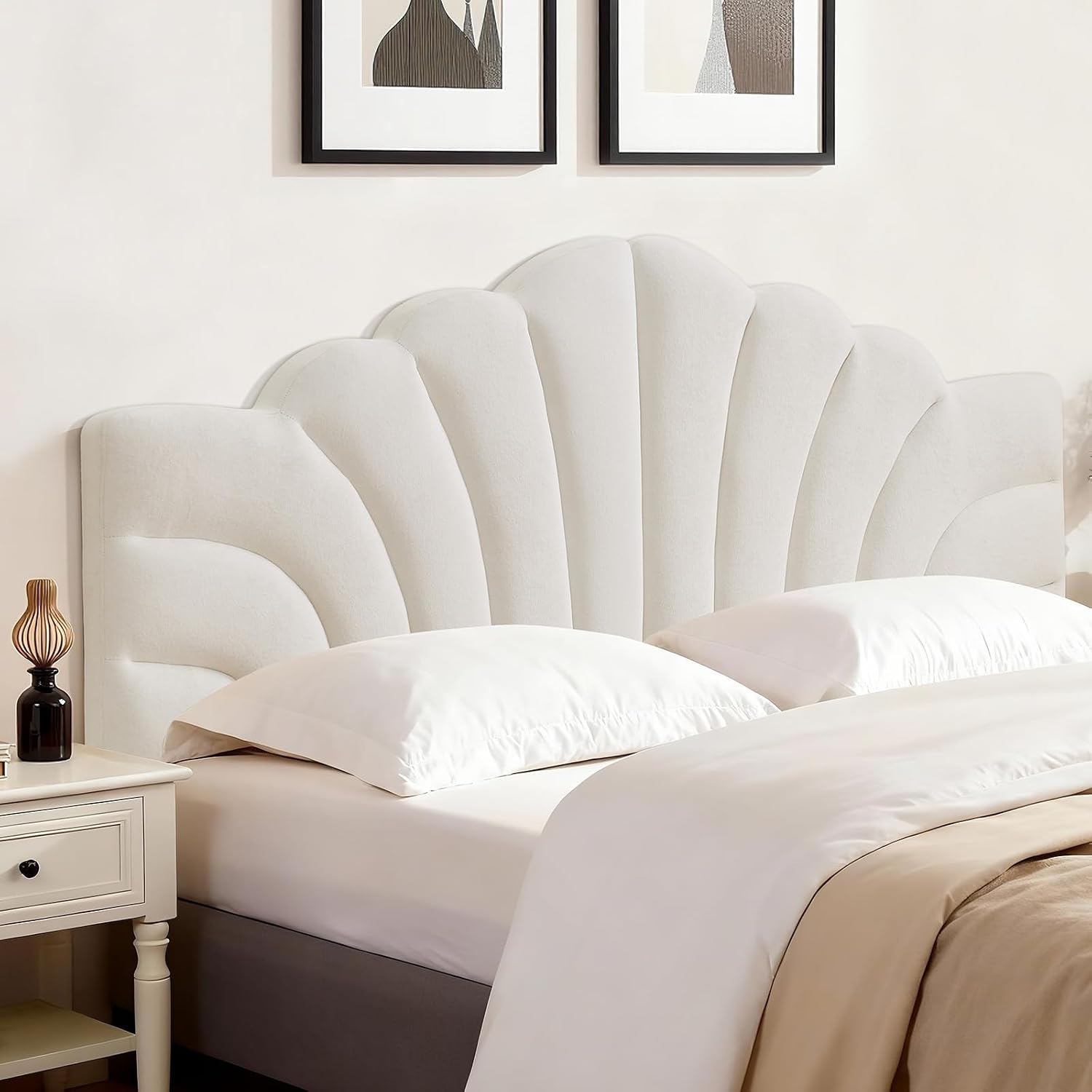 King Size Upholstered Headboard Only Adjustable Bed Headboards CA King Bed, Tiara Crown Shape Headboard with Wood Legs, Velvet Petal Head Board Wall Protector for Bedroom, White