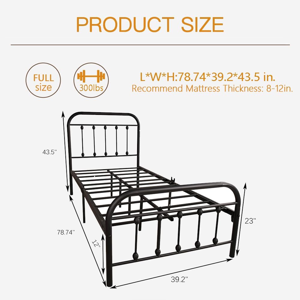 Twin Size Metal Bed Frame with Vintage Headboard and Footboard, Premium Stable Steel Slat Support Mattress Foundation, No Box Spring Needed and Easy Assembly,Black(Twin).
