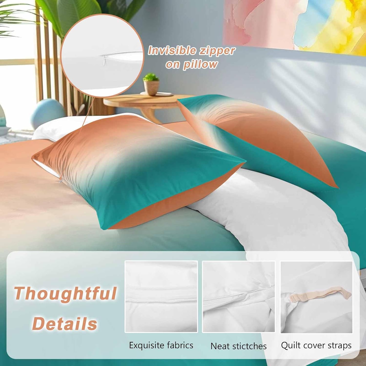 Gradient Green Orange Duvet Cover Set Queen Size 4 Pieces Modern Abstract Minimalist Teal Brown Ocean Beach Bedding Set with Zipper Closure,1 Comforter Cover 92x106 Inches 1 Flat Sheet&2 Pillow Cases