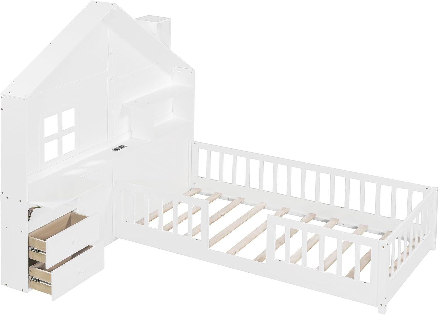 Flieks Twin Size House Bed Frame for Boys Girls Kids Toddler with Window and Bedside Drawers, Platform Bed with Shelves and a Set of Sockets and USB Port, White
