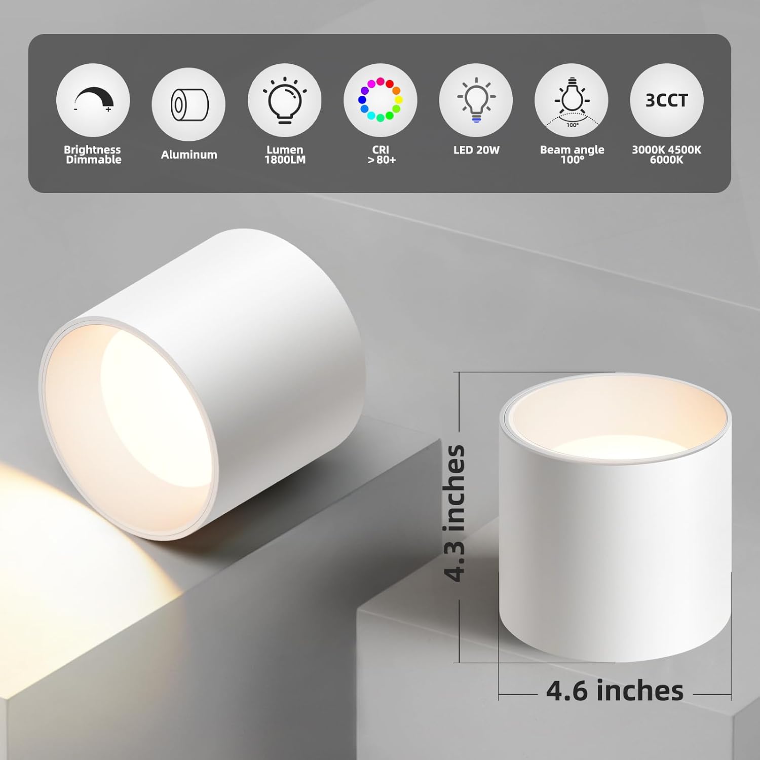 OKELI White Flush Mount Ceiling Light Fixtures for Hallway Entryway, 20W 1800LM 3000K-6000K Dimmable Close to Ceiling-Lighting, Modern LED Cylinder Ceiling-Lamps for Dining Room Living Room, 3Pack