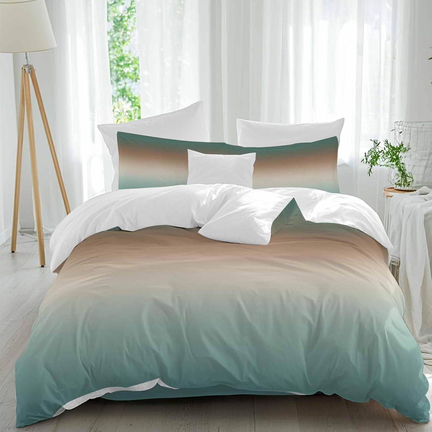 Prime Leader Gradient Green Duvet Cover Set Queen Size 4 Pieces Modern Minimalist Green Brown Ocean Beach Bedding Set with Zipper Closure, 1 Comforter Cover 90x92 Inches 1 Flat Sheet & 2 Pillow Cases
