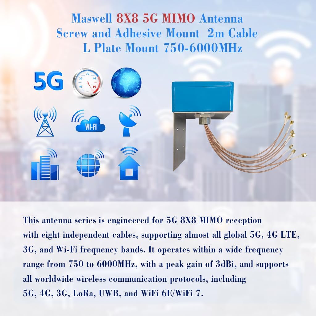 Maswell® 8X8 5G MIMO Antenna Outdoor, Entry-Level 3dBi, Screw and Adhesive Mount 2.2m Cable, 750-6000MHz Global 5G 4G LTE 3G Lora UWB and WiFi 7, NOT for Boosting