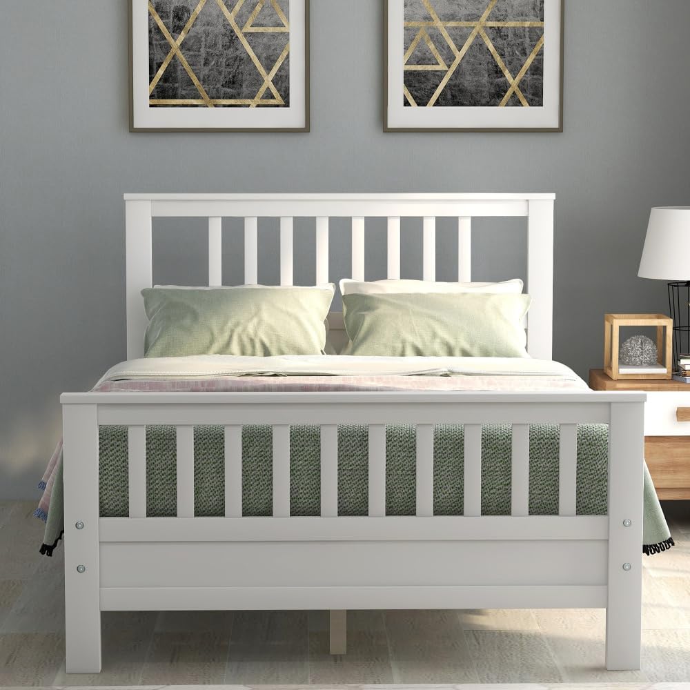 Solid Wood Platform Bed Frame with Integrated Headboard and Footboard for Supportive, Minimalist Bedroom Setup (White + Pine + Full)