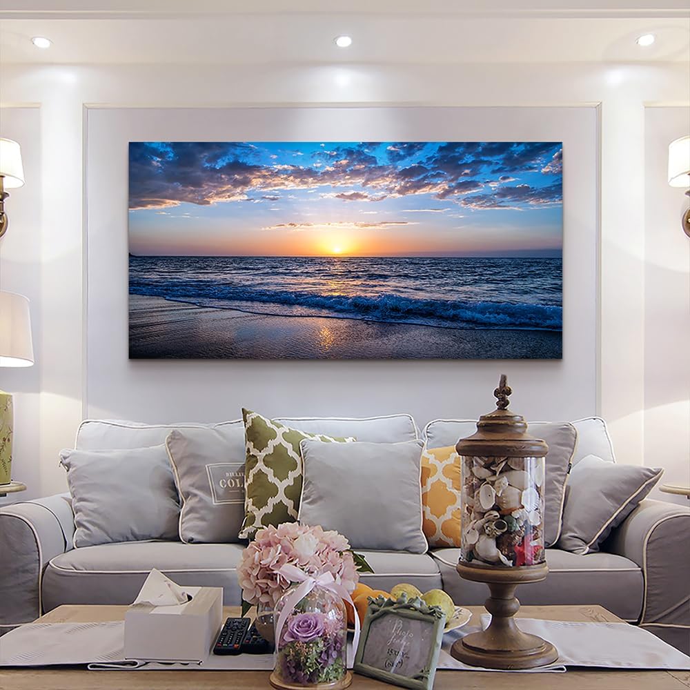 Wapluam Large Canvas Wall Art Sunset Beach Painting Picture Print on Canvas Framed Wall Art for Living Room Wall Decor for Bedroom Modern Coastal Landscape Room Decorations Artwork 60x30 Ready to Hang