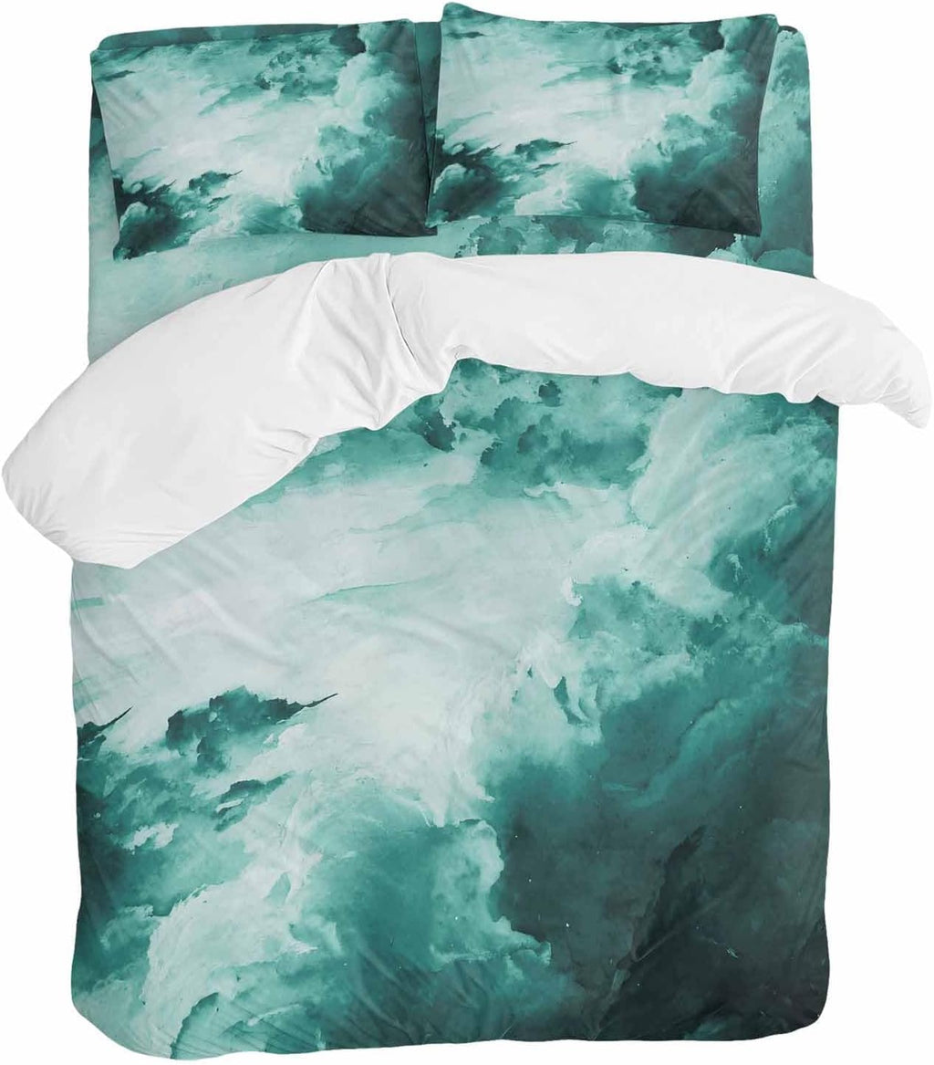 Prime Leader Clouds Duvet Cover Set Queen Size 4 Pieces Abstract Gradient Green Clouds Sky Bedding Set with Zipper Closure, 1 Comforter Cover 92x106 Inches 1 Flat Sheet & 2 Pillow Cases