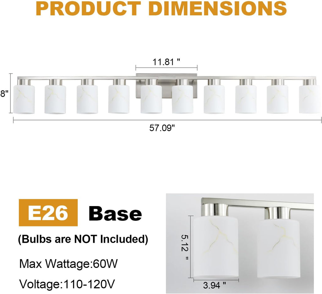 10-Light Bathroom Light Fixtures, Modern Vanity Lights, Brushed Nickel Metal Wall Lamp with White Marble Glass for Bathroom, Mirror, Living Room, Bedroom, Cabinet, Porch, Hallway, E26 Base