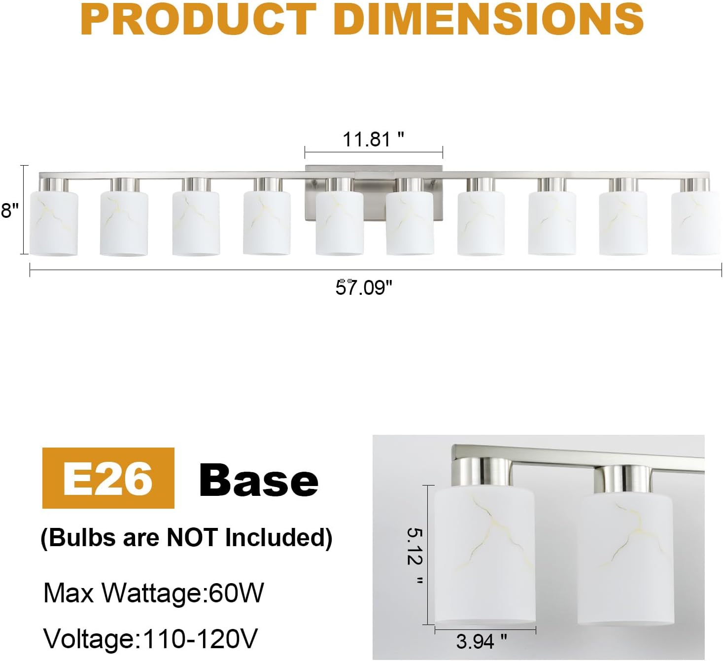10-Light Bathroom Light Fixtures, Modern Vanity Lights, Brushed Nickel Metal Wall Lamp with White Marble Glass for Bathroom, Mirror, Living Room, Bedroom, Cabinet, Porch, Hallway, E26 Base