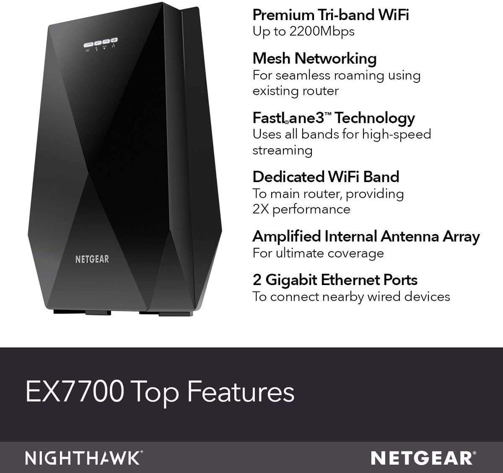 NETGEAR WiFi Mesh Range Extender EX7700 - Coverage up to 2300 sq.ft. and 45 Devices with AC2200 Tri-Band Wireless Signal Booster & Repeater (up to 2200Mbps Speed), Plus Mesh Smart Roaming