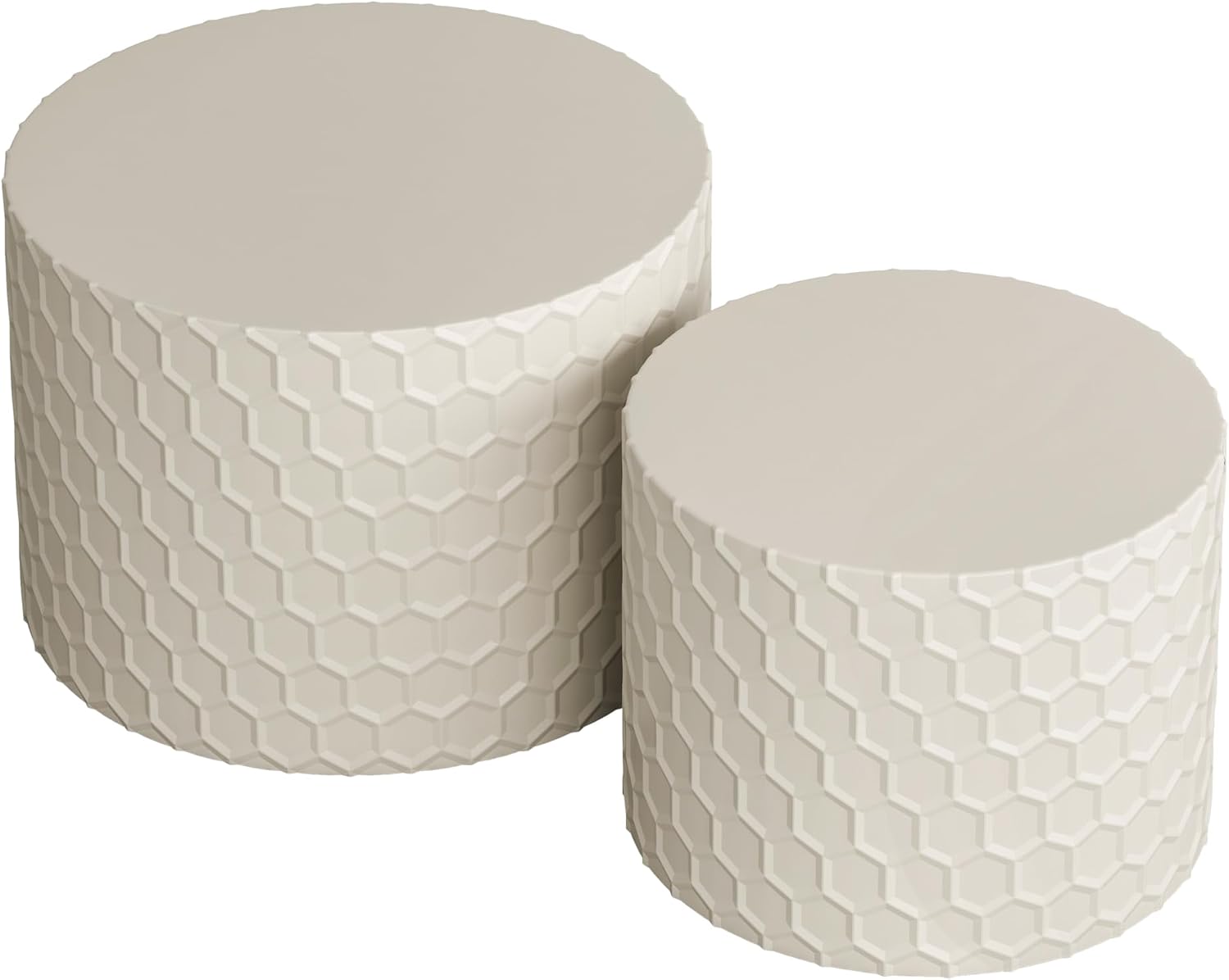 Round Nesting Coffee Table Set of 2, Modern Circular Side Table Set with Honeycomb Design, 2 Piece Nesting End Table Accent Tables Coffee Table for Living Room Bedroom Apartment - Beige
