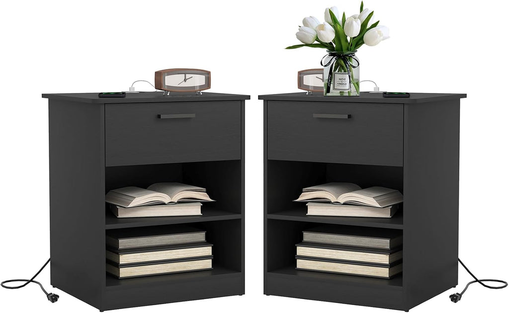 Spaco Black Nightstand Set of 2 with Charging Station,Modern Night Stand Set with 2 Drawers and Open Shelf,Bedside Tables with Storage for Bedroom, End Side Tables for Living Room
