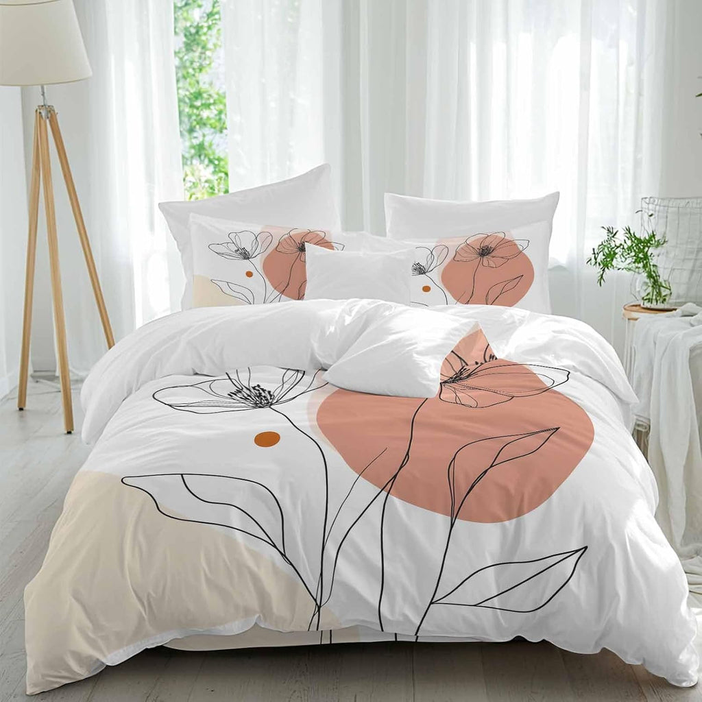 Prime Leader Floral Line Duvet Cover Set Queen Size 4 Pieces Minimalist Flower Modern Bedding Set with Zipper Closure, 1 Comforter Cover 86x86 Inches 1 Flat Sheet & 2 Pillow Cases