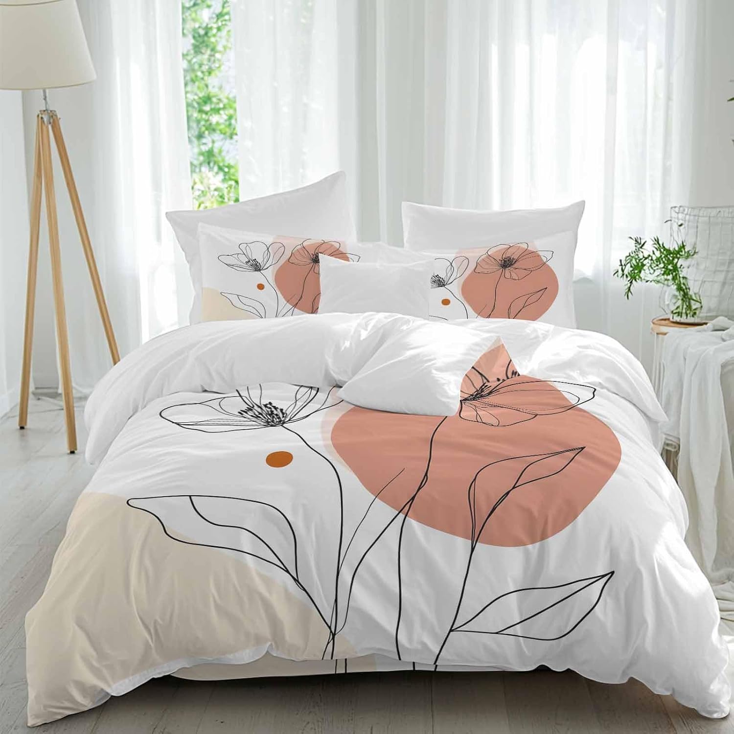 Prime Leader Floral Line Duvet Cover Set Queen Size 4 Pieces Minimalist Flower Modern Bedding Set with Zipper Closure, 1 Comforter Cover 86x86 Inches 1 Flat Sheet & 2 Pillow Cases
