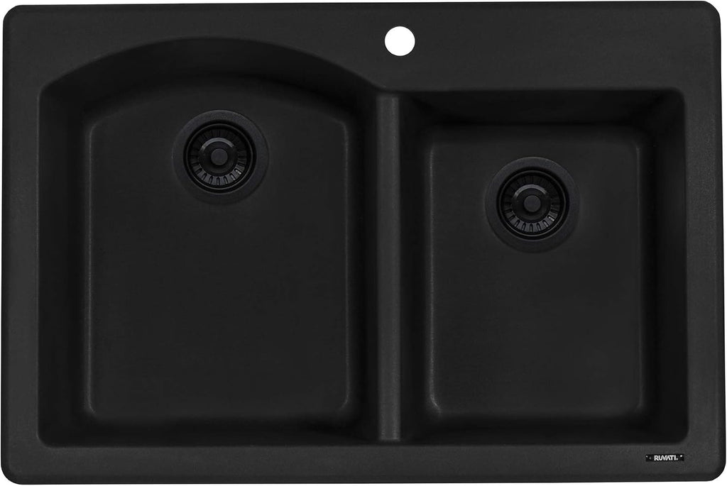 Ruvati 33 x 22 inch epiGranite Drop-in Topmount Granite Composite Quartz Double Bowl Kitchen Sink - Midnight Black - RVG1344BK