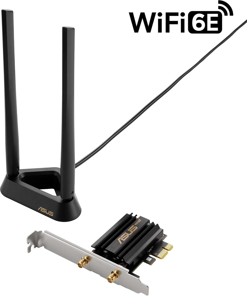 ASUS PCE-AXE59BT WiFi6 6E AX5400 PCI-E Adapter with 2 External Antennas and magnetized Base. Supporting 6GHz Band, 160MHz, Bluetooth 5.2, WPA3 Network Security, OFDMA and MU-MIMO