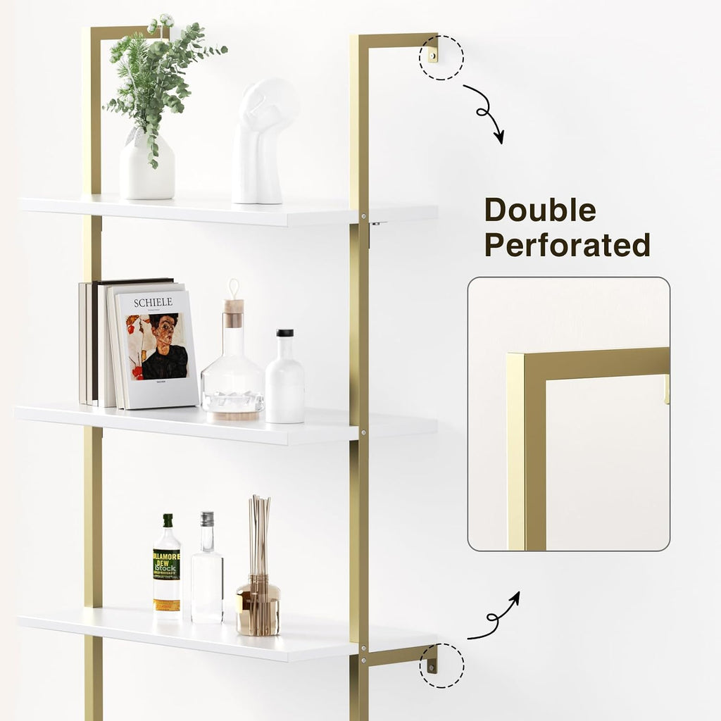 3 Tier White & Gold Ladder Shelf with Storage Cabinet, Modern Ladder Bookshelf with Doors, Wall Mount Bookcase with Metal Frame, Display Shelves for Living Room, Bedroom, Bathroom, Home Office