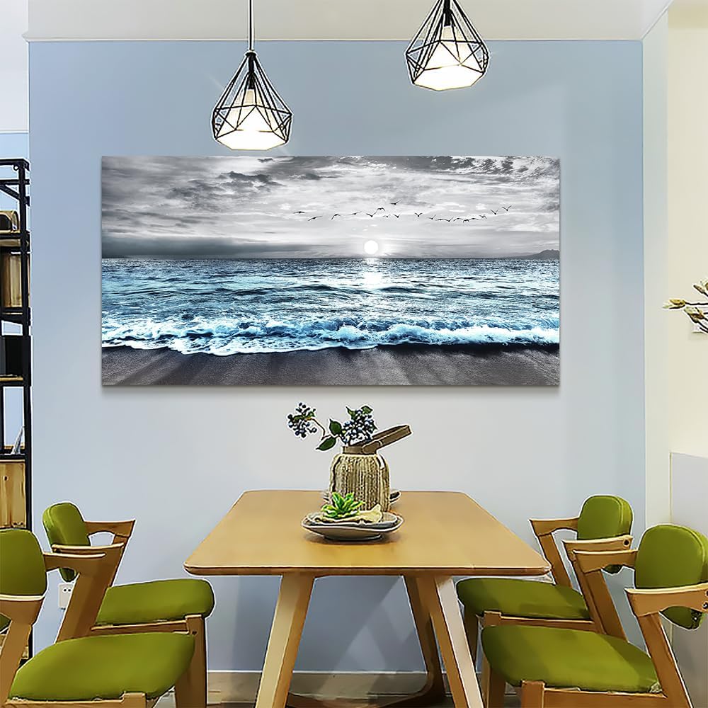 Wapluam Large Wall Decor For Living Room Canvas Wall Art For Bedroom Office Wall Decorations Black And White Painting Blue Sea Wave Pictures Artwork For Modern Stretched and Framed Beach Posters