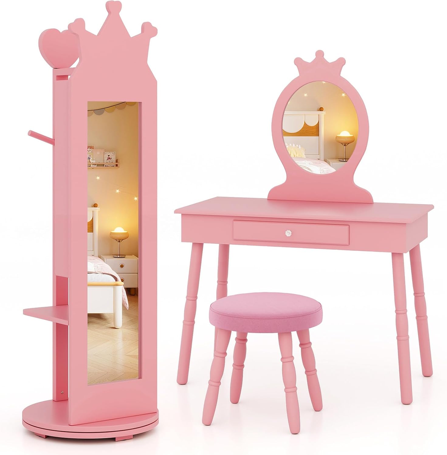 GLACER Kids Vanity with Stool, Rotatable Kids Jewelry Armoire, Kids Vanity Table and Chair Set w/Coat Rack, Storage Shelves, Full-Length Mirror, Solid Wood Legs, Kids Bedroom Furniture (Pink)