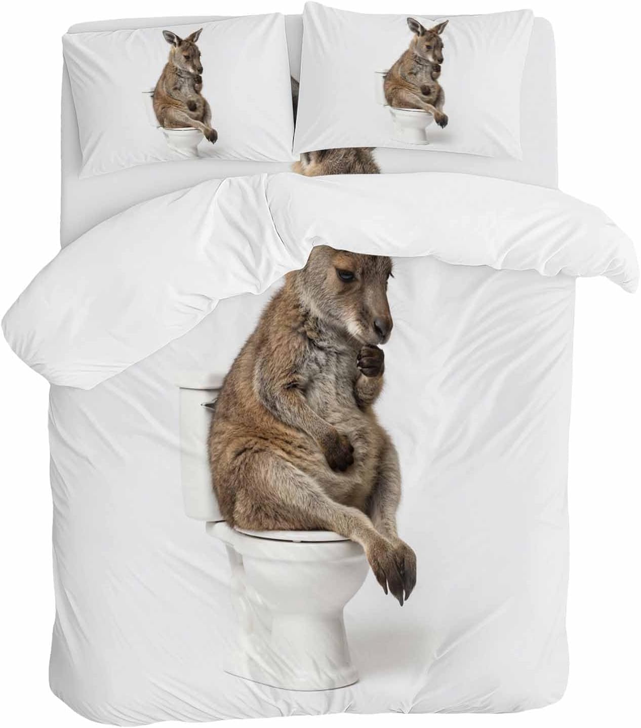 Kangaroo Sitting on The Toilet Thinking Duvet Cover Set Queen Size 4 Pieces Abstract Funny Animal Bedding Set with Zipper Closure, 1 Comforter Cover 86x86 Inches 1 Flat Sheet & 2 Pillow Cases
