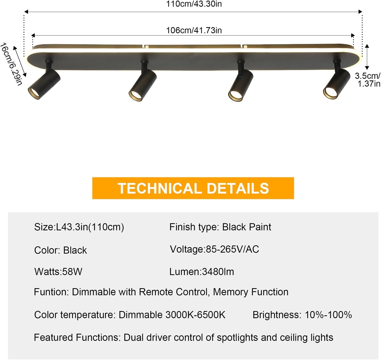 Jaycomey LED Track Lighting Fixtures Ceiling, 58W Adjustable Ceiling Spotlights with Remote, Dimmable 3000K-6500K Modern Kitchen Ceiling Light for Living Room Bedroom Dining Room Hallway Black