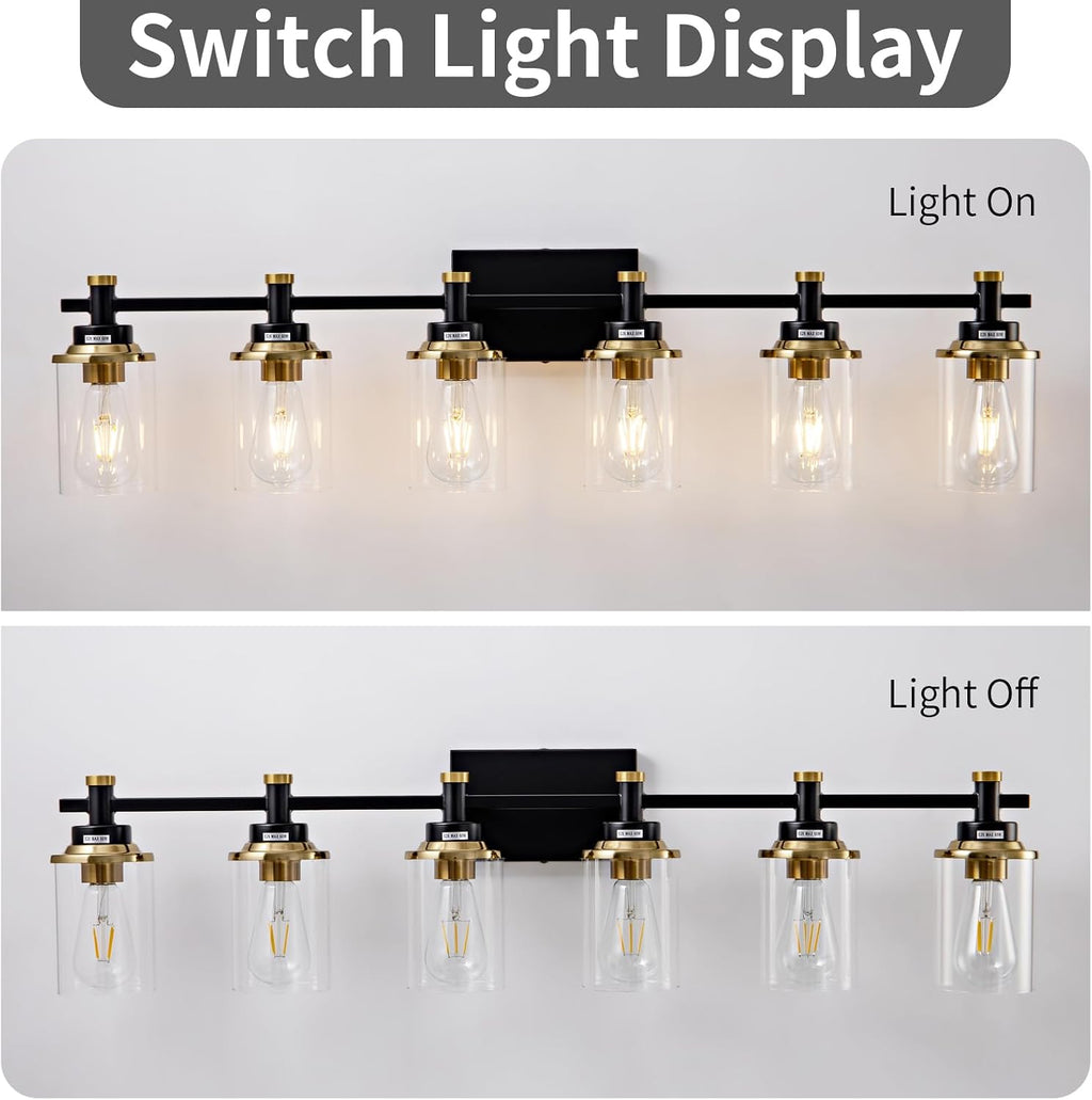 6 Bathroom Vanity Lights, Black and Gold Bathroom Light Fixtures, Sconces Wall Lighting with Clear Glass Shade, Modern Brushed Gold Vanity Lighting Fixtures for Bathroom, Bedroom, Hallway