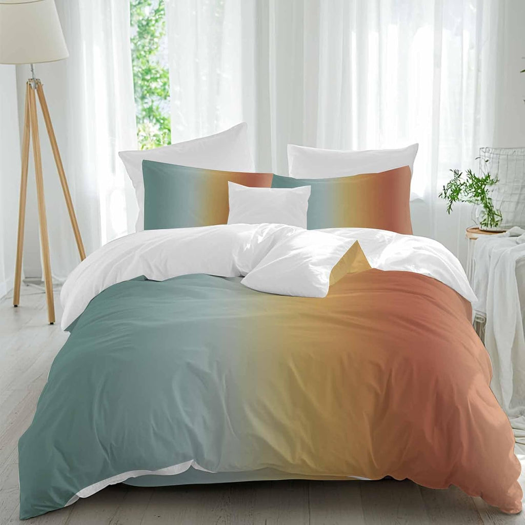 Gradient Blue Red Duvet Cover Set Queen Size 4 Pieces Modern Abstract Minimalist Yellow Orange Ocean Beach Bedding Set with Zipper Closure,1 Comforter Cover 92x106 Inches 1 Flat Sheet & 2 Pillow Cases