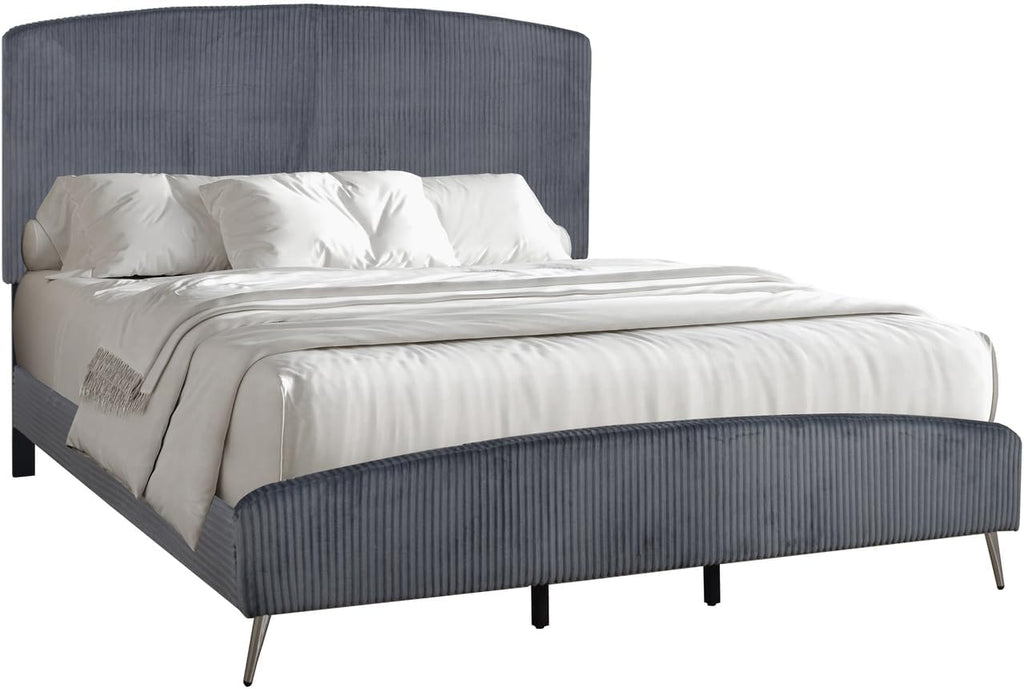 HomeStock Velvet Upholstered Panel Bed - Modern Bedroom Furniture - Gray California King