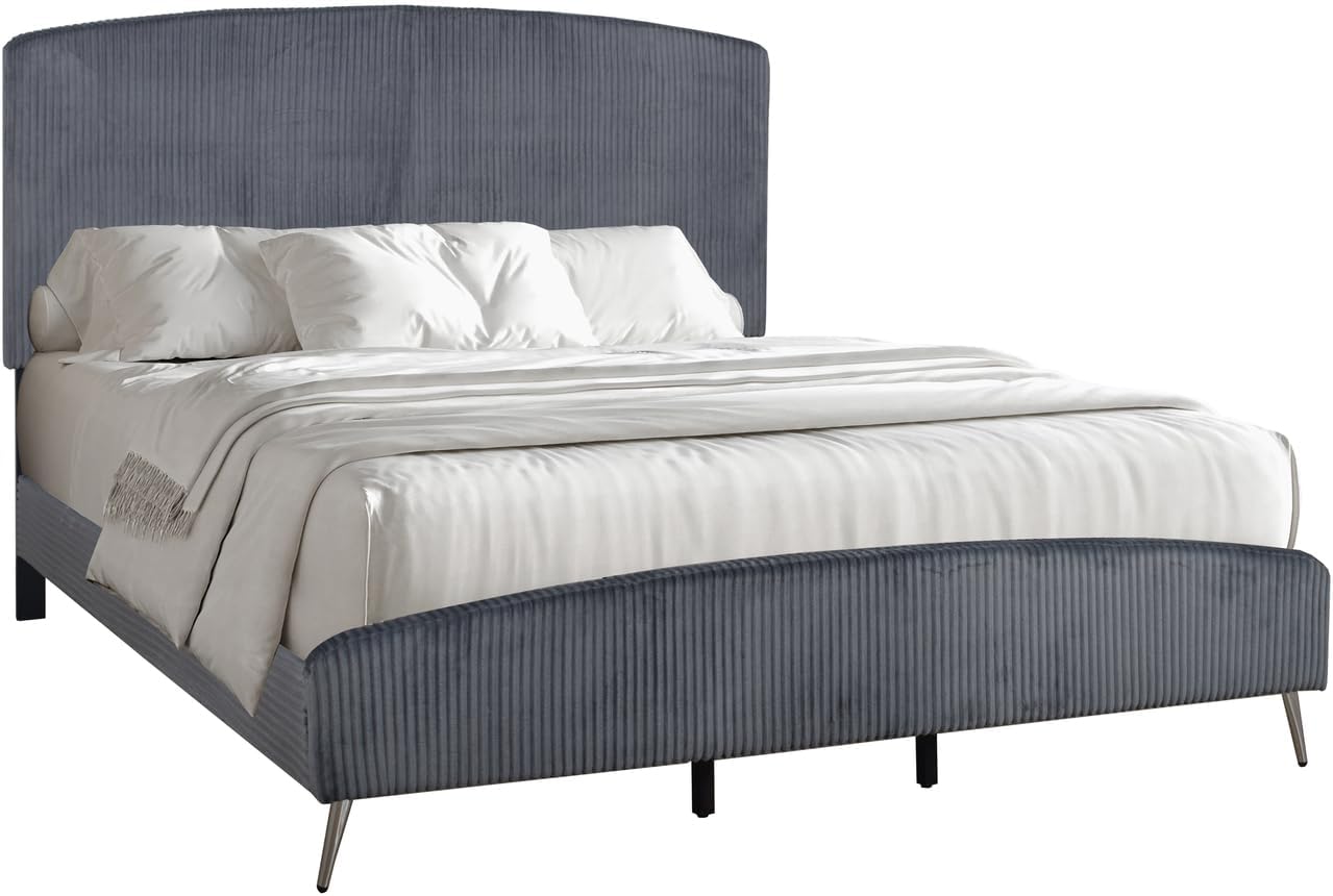 HomeStock Velvet Upholstered Panel Bed - Modern Bedroom Furniture - Gray California King