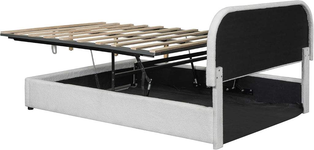 Upholstered Platform Bed with Hydraulic Storage System and Curved Shaped Headboard, Full Size Wood Bed Frame for Kids Adults Bedroom Furniture, Teddy Fleece Thick Upholstered Bed Grounded Bed