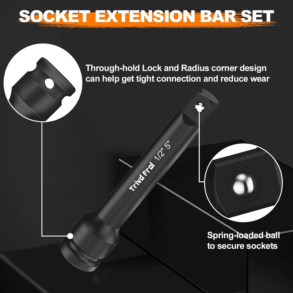 Impact Socket Wrench Set 1/2' Drive - Trivd Frol 65pcs Impact Socket Set Metric and Standard Full, Metric Socket Set 8-24mm & SAE Socket Set 3/8'-1-1/4', Shallow & Deep Socket Set, Extensions, Adapter