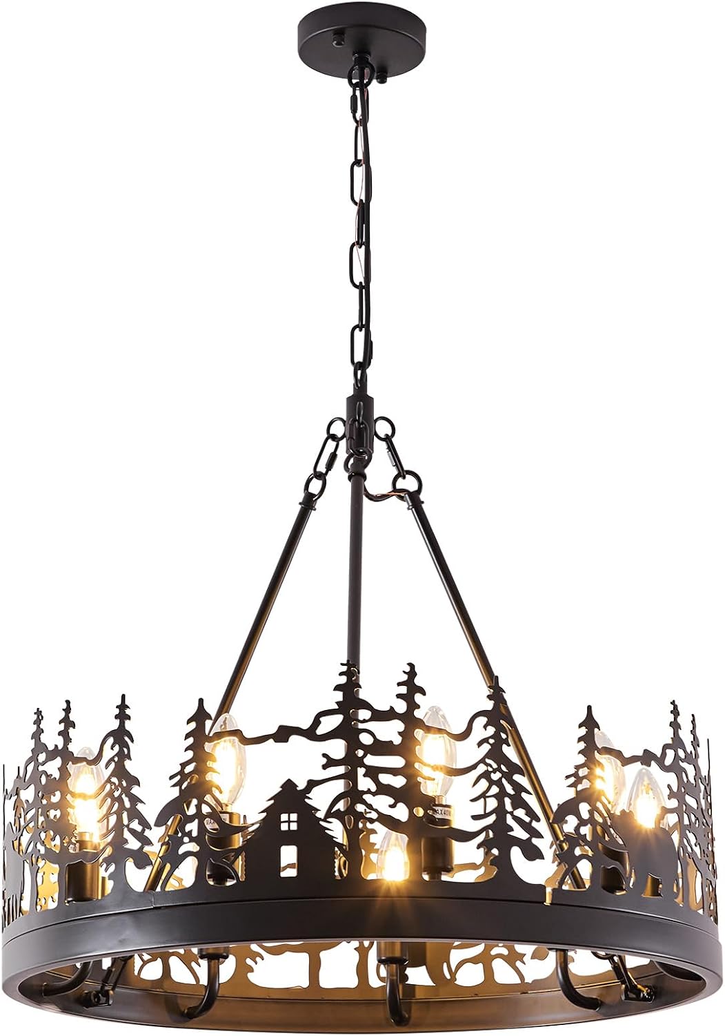 9-Light Rustic Farmhouse Chandelier, Black Wagon Wheel Pendant Light Fixture 23.6' Round Vintage Bear Chandelier for Dining Room Living Room Kitchen