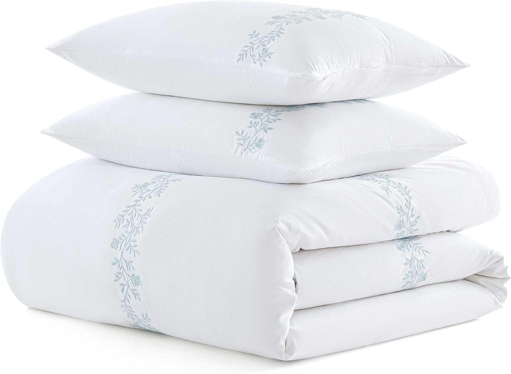 Martha Stewart - King Duvet Cover Set, 100% Soft Cotton Bed Set with a Smooth Cotton Percale Reverse, 3 Piece Floral Bedding with Matching Pillowcases (Garden Path Embroidery Blue)