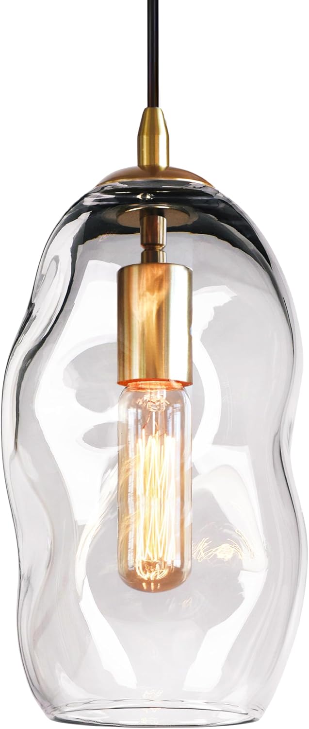 CASAMOTION Modern Pendant Lights Kitchen Island Large Gold Hanging Light Fixtures for Dining Table Blown Art Glass Clear Organic Globe Bedroom Foyer Entryway Hallway Lamp 12 Inch 1 Pack