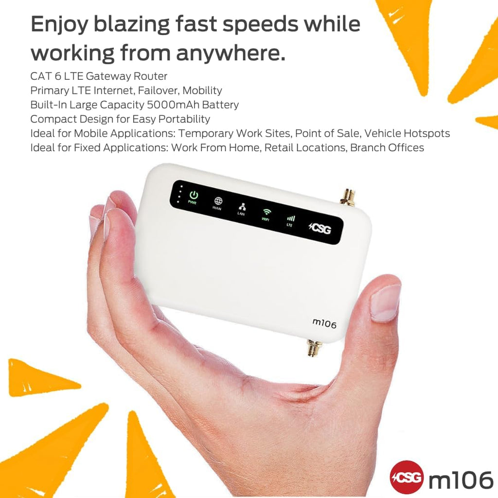 CSG m106 LTE Cellular Gateway Business or Home Router, Verizon 4G LTE Network Compatible, Built-in Failover, 5,000 mAh Backup Battery for Travel, Lightweight Portable Design, RV Internet