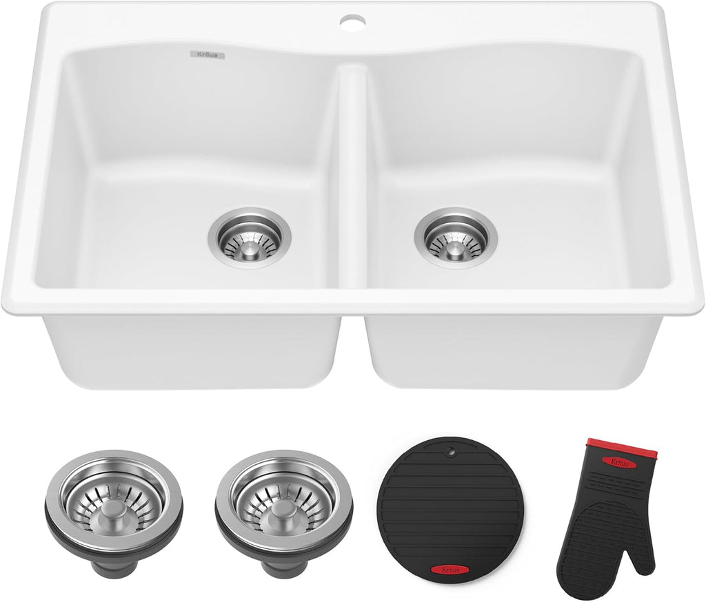KRAUS Forteza 33-inch Granite Drop In/Undermount 50/50 Double Bowl White Kitchen Sink, KGD-52WHITE