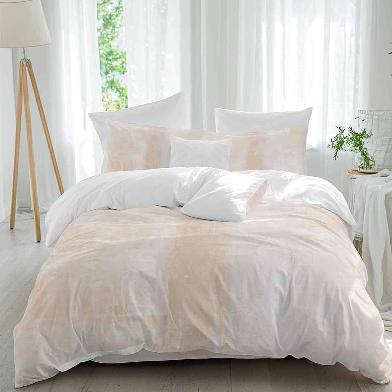 Light Beige Gradient Duvet Cover Set Queen Size 4 Pieces Modern Abstract Oil Painting Minimalist Bedding Set with Zipper Closure, 1 Comforter Cover 92x106 Inches 1 Flat Sheet & 2 Pillow Cases
