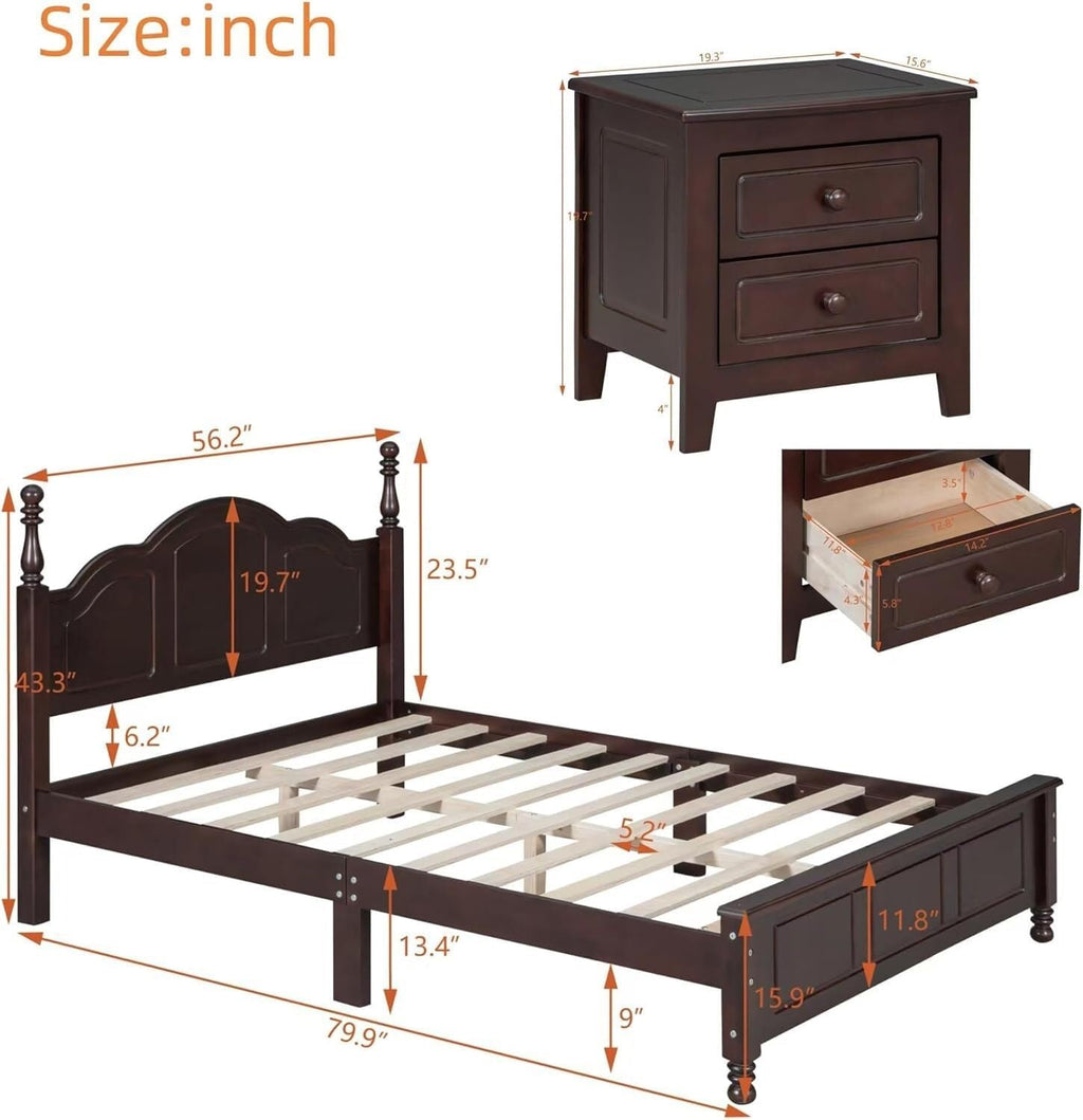 Bedroom Set of Furniture, Wooden Platform Bed and Two Bedside Tables, for Family Use(Dark Walnut(Full))