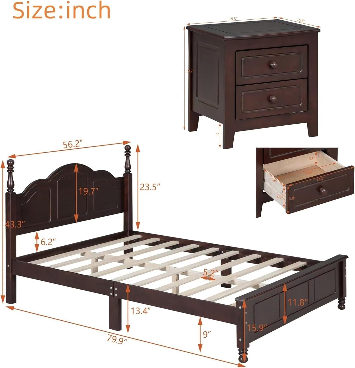 Bedroom Set of Furniture, Wooden Platform Bed and Two Bedside Tables, for Family Use(Dark Walnut(Full))