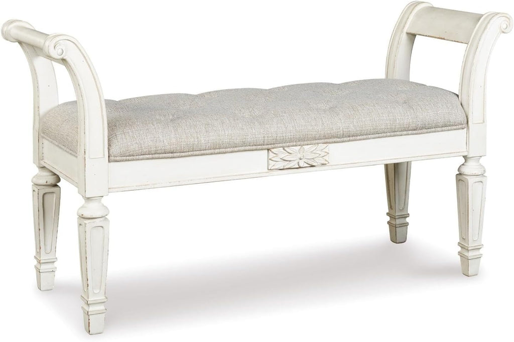 Signature Design by Ashley Realyn French Country Upholstered Tufted Accent Bench with Foam Cushion and Scrolled Arms, Wood Frame, 25.88' High, Antique White