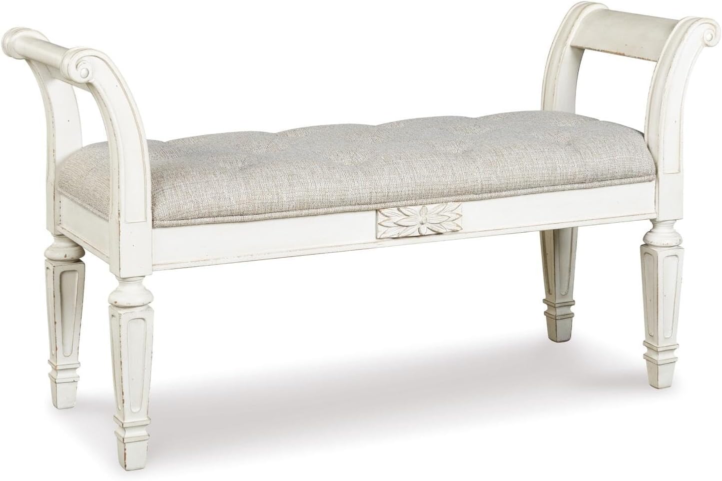 Signature Design by Ashley Realyn French Country Upholstered Tufted Accent Bench with Foam Cushion and Scrolled Arms, Wood Frame, 25.88' High, Antique White
