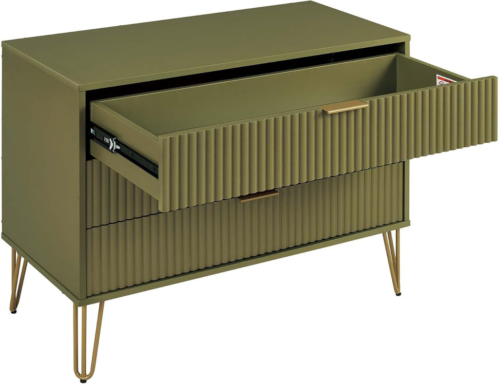 Manhattan Comfort Dumbo Modern 3 Drawer Dresser with Fluted Ribbed Front, No Tool Assembly, Hairpin Splayed Gold Metal Legs, Storage Chest, Entryway Cabinet for Bedroom, Living Room in Olive Green