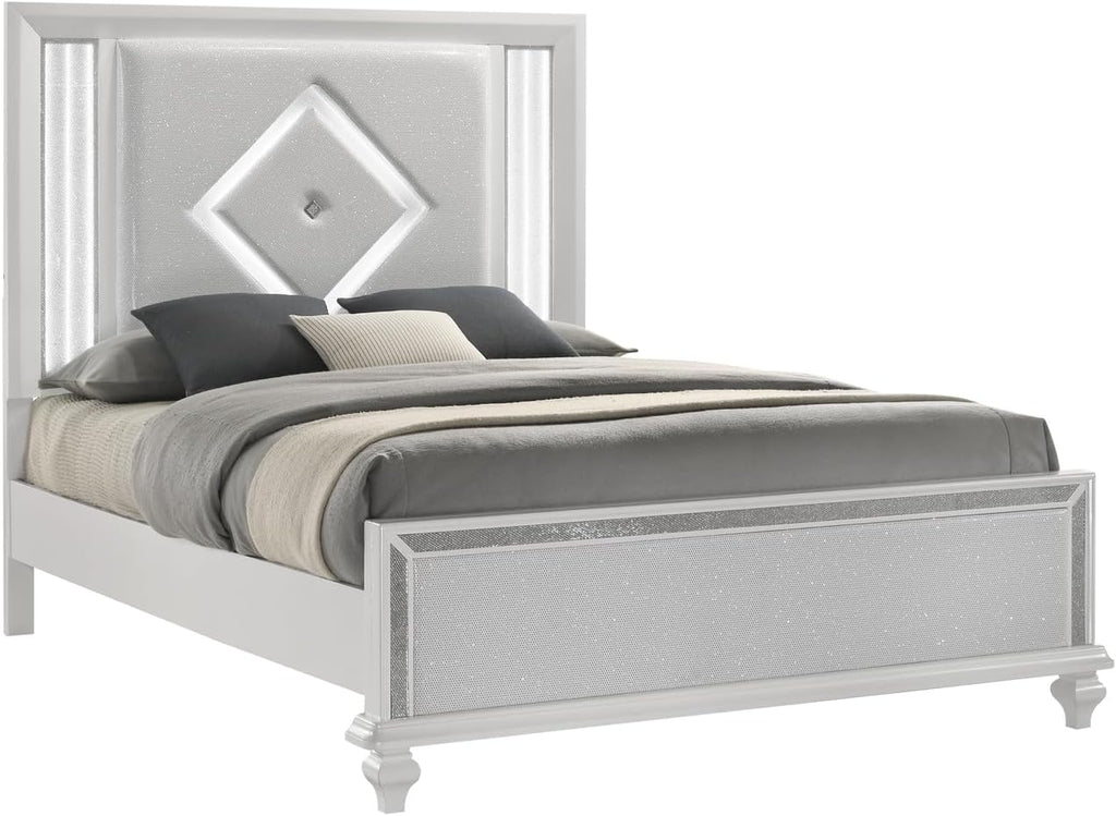 HomeStock White Bed Frame with Lights - Modern Bedroom Furniture - Headboard & Footboard Queen