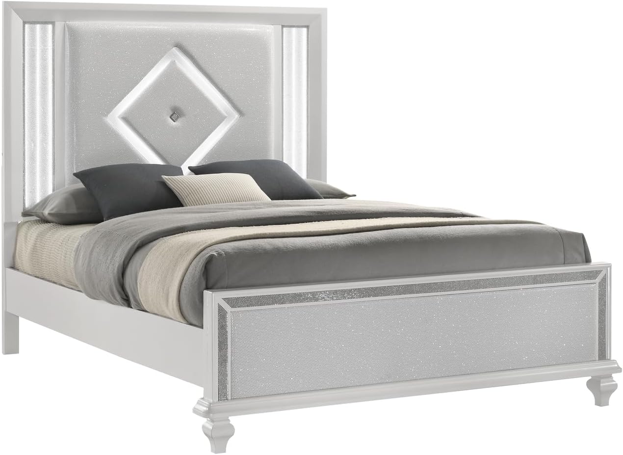 HomeStock White Bed Frame with Lights - Modern Bedroom Furniture - Headboard & Footboard Queen