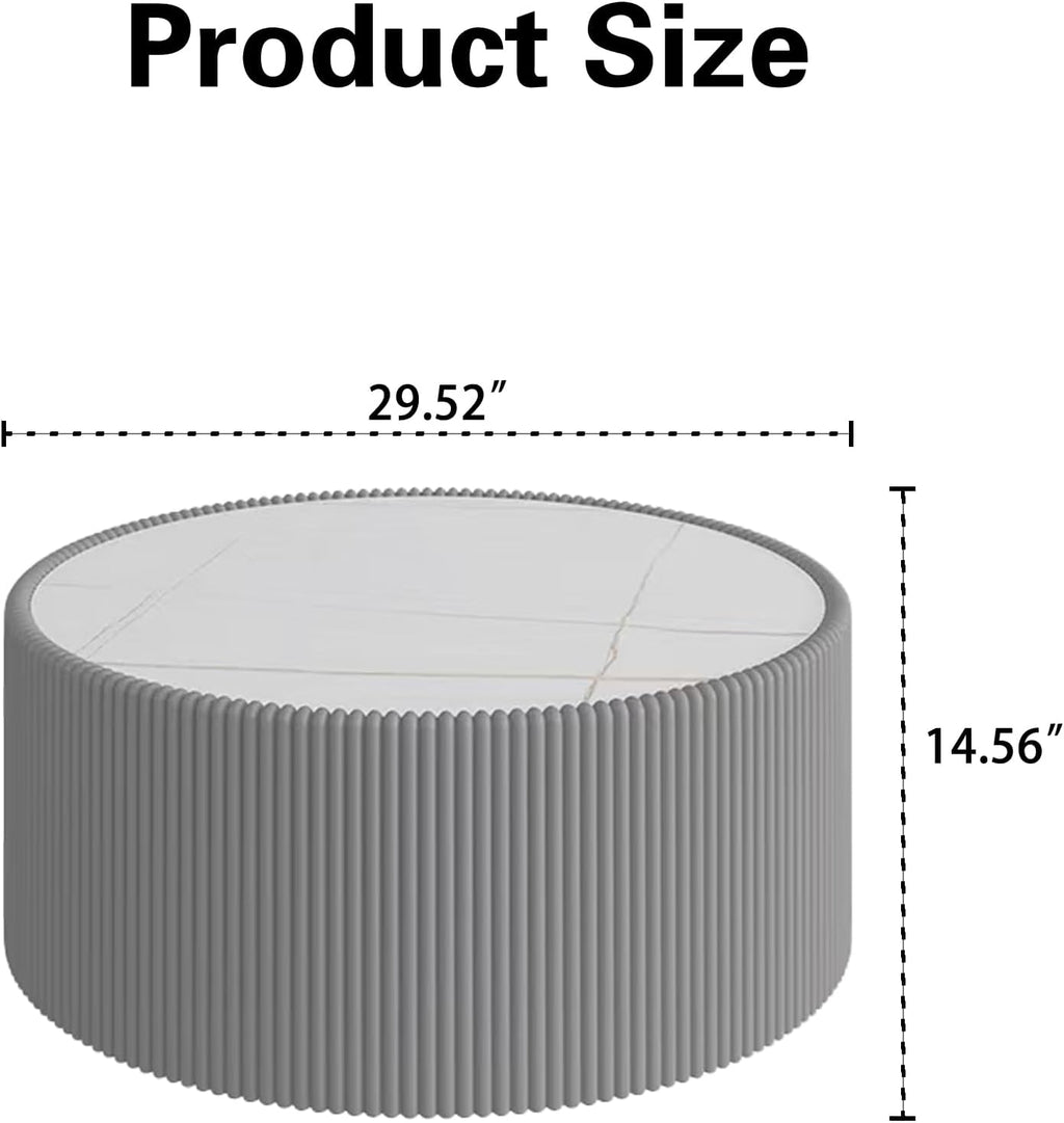 29.52' Grey Round Coffee Table, Drum Coffee Table with Sintered Stone Tabletop and Fluted PU Leather Covered and Stable Base, Circle Cocktail Tea Table for Living Room