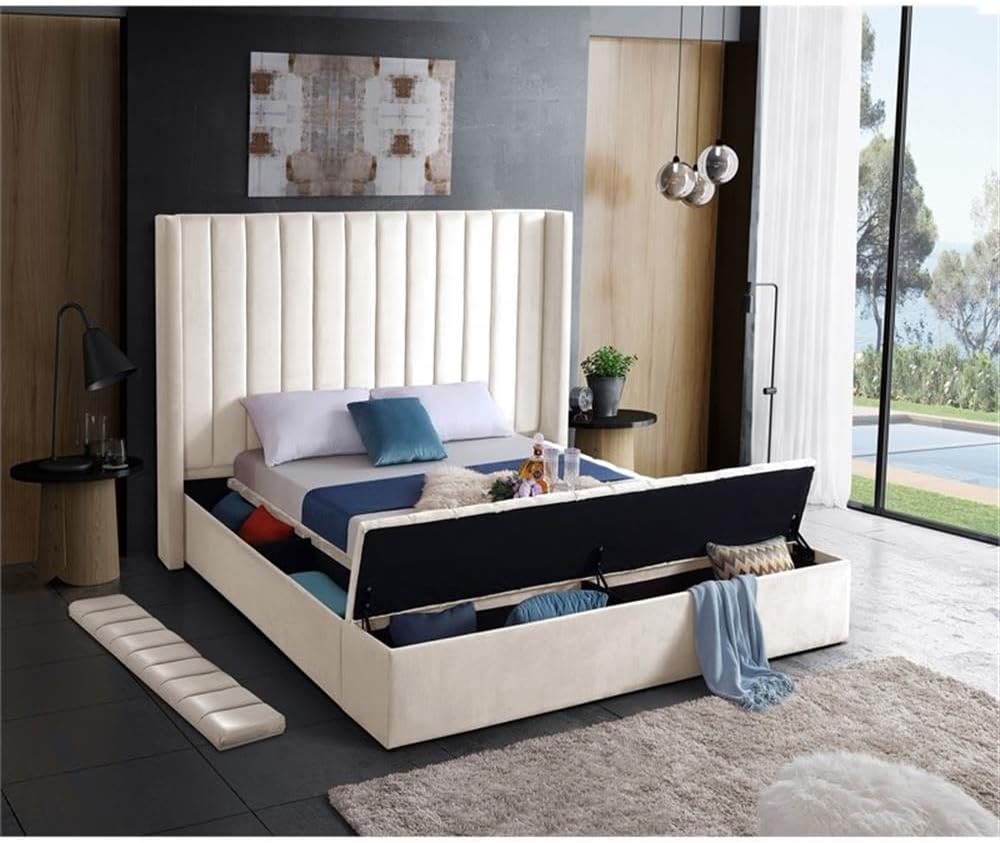 Meridian Furniture Kiki Collection Modern | Contemporary Velvet Upholsterd Bed with Channel Tufting, Siderails and Footboard Storage Compartments, Queen, Cream
