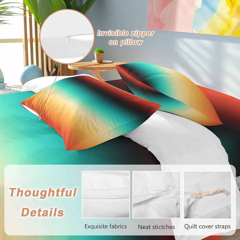 Bohemian Gradient Green Duvet Cover Set Queen Size 4 Pieces Modern Minimalist Orange Yellow Black Ocean Beach Bedding Set with Zipper Closure,1 Comforter Cover 92x106 Inch 1 Flat Sheet&2 Pillow Cases
