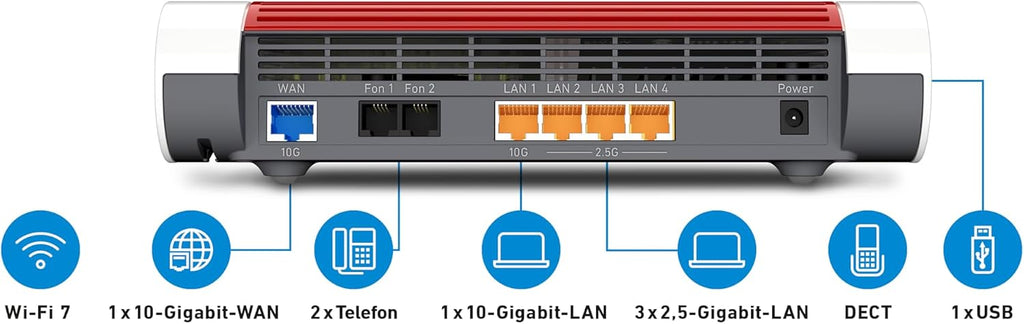 FRITZ!Box 4690 Wi-Fi 7 Mesh Router, for Cable, DSL or Fiber Optic Connection, up to 6,960 Mbit/s, 1x 10 Gigabit WAN and LAN, 3x 2.5 Gigabit LAN, DECT Base, WLAN Mesh, German Version