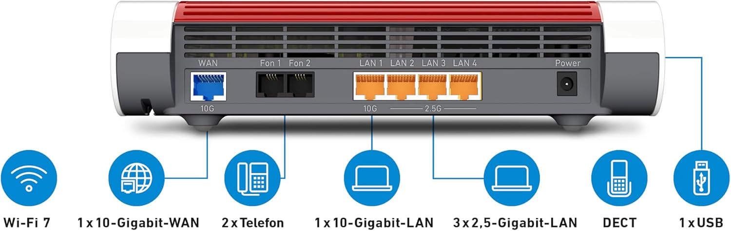 FRITZ!Box 4690 Wi-Fi 7 Mesh Router, for Cable, DSL or Fiber Optic Connection, up to 6,960 Mbit/s, 1x 10 Gigabit WAN and LAN, 3x 2.5 Gigabit LAN, DECT Base, WLAN Mesh, German Version